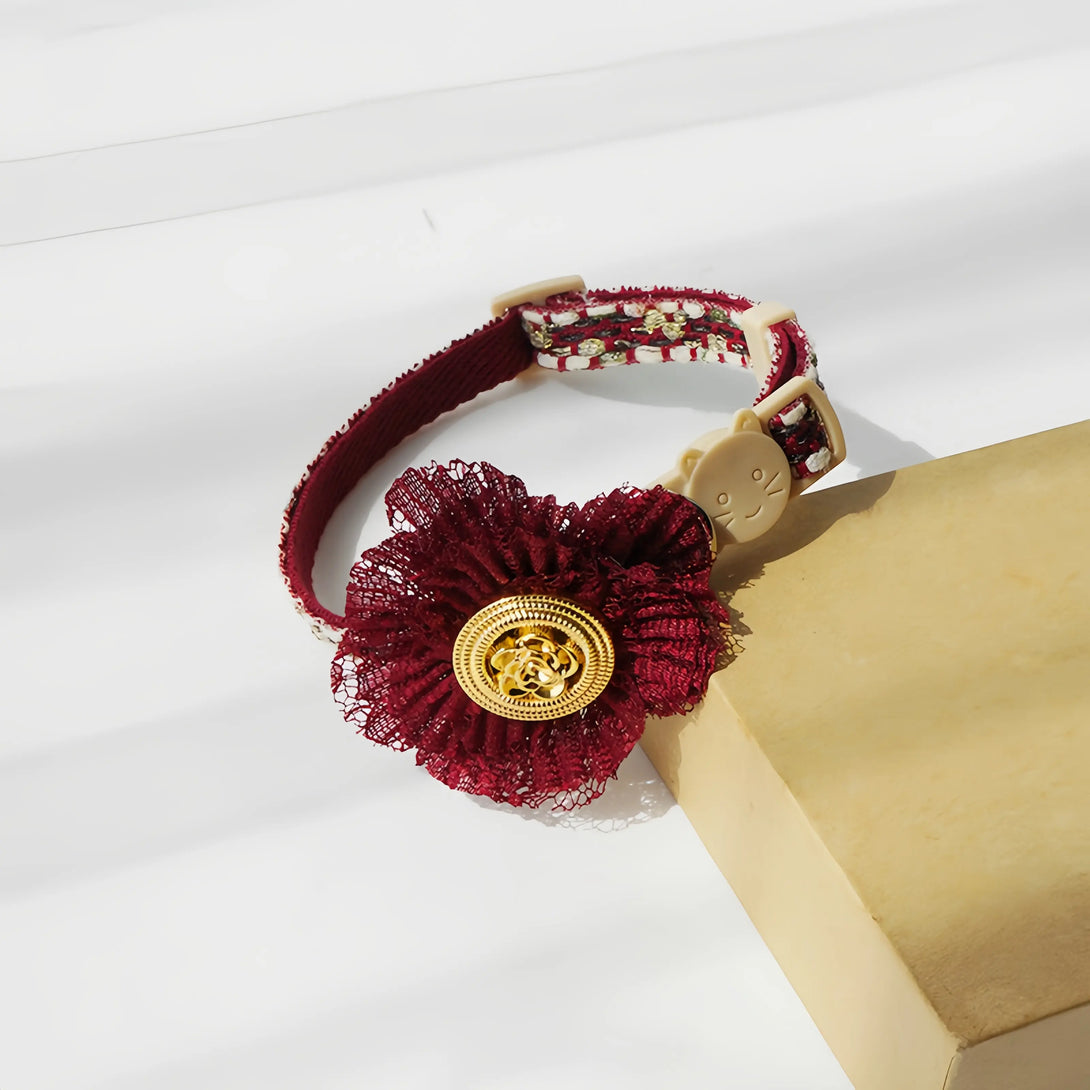 Paw Journeys Tulle Flower Cat Collar  Dark-red-03
